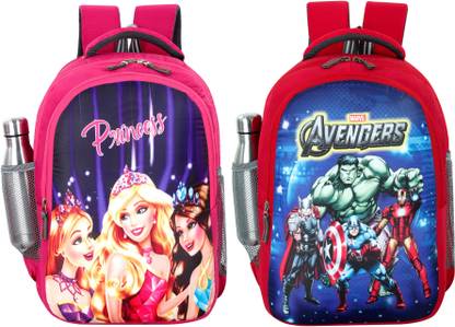 bayo Avangers & Princess 2pc combo 47cm 1st/2nd/3rd/4th & 5th class for Boys & Girls Waterproof School Bag
