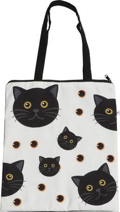 JELLIFY White Cat Print Canvas Tote Bag with Zip for Women & Girls Waterproof Multipurpose Bag