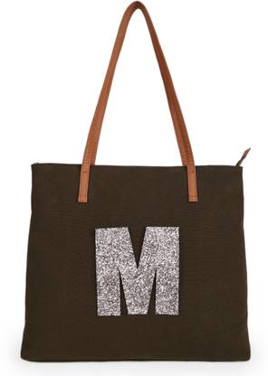 Antin Olive Green Cotton Canvas Tote Bag with Alphabet Patch Shoulder Bag