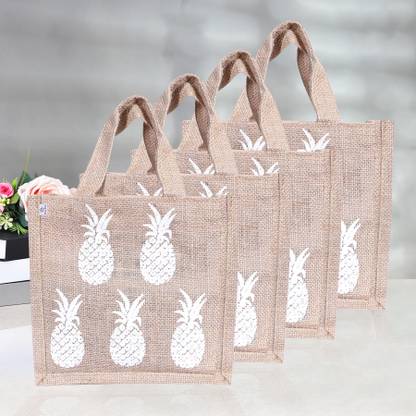 Heart Home Jute 'Pineapple' Lunch Bag with Handle for office|Small|Pack of 4|Brown Lunch Bag