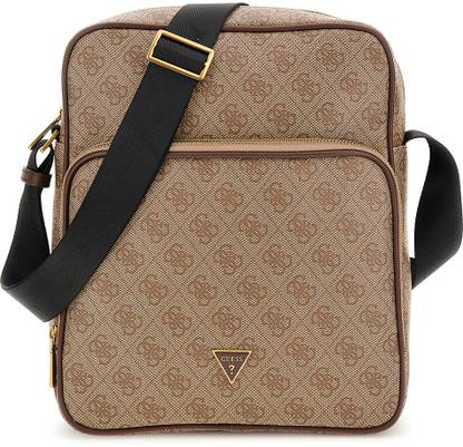 GUESS Men Beige Printed Crossbody Bag with Zip Closure Sling Bag