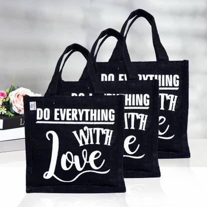 Heart Home Jute Love Lunch Bag with Handle|Lunch Bags for office|Small|Pack of 3|Black Lunch Bag