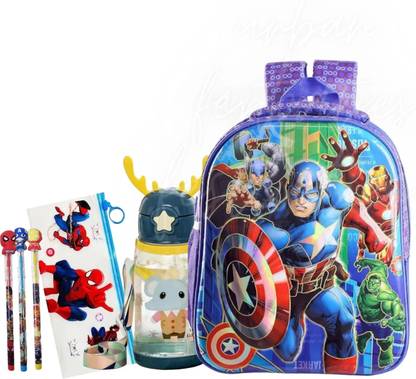 Urban Festivities Superhero School Bag For Boys With Calculator Pencil Box Stationery Combo Set Waterproof School Bag