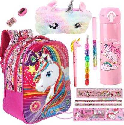 Prezzie Villa 11 pcs Unicorn Backpack Pouch, Pencil, Pens, Eraser, Ruler Sharpener, Bottle Waterproof Backpack