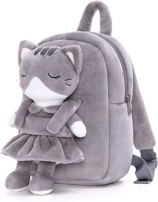 Frantic Premium Quality Soft Fabric Kids Velvet School Bag (FullBodyGreyCat) Plush Bag