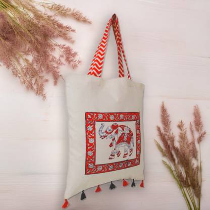 Indha Craft Hand Block Printed Natural Cotton Tote-Bag with Stunning Elephant-Print Multipurpose Bag