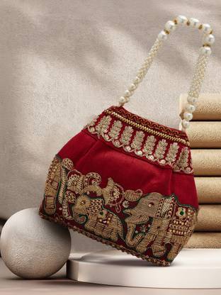 Rubans Cream Coloured Potli Handbag With Silver Embroidery And Pearls Sling Bag
