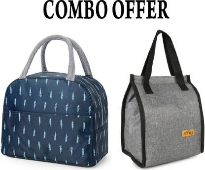 MS Unique Bags MIOS INSULATED LUNCH BAG COMBO, BLUE FEATHER PRINT AND GREY CANVAS. Waterproof Lunch Bag