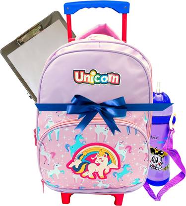MUSAPRI Unicorn Rainbow Trolley Bag Combo with Purple Sipper, Exam Pad Trolley