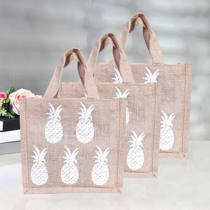 KUBER INDUSTRIES Jute 'Pineapple' Lunch Bag with Handle for office|Small|Pack of 3|Brown Lunch Bag