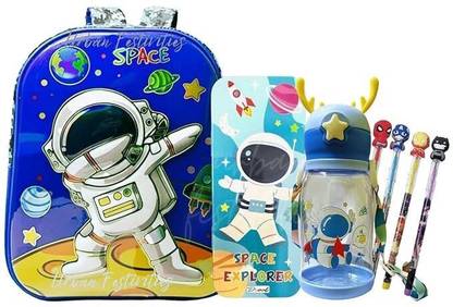 Urban Festivities Space Stationery Set Bag for Nursery/LKG/UKG Prep, Bottle Pencil Box Pencil Set Waterproof School Bag