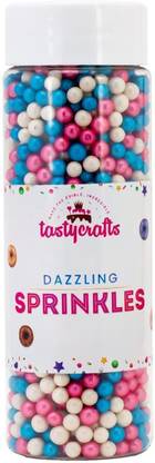 TastyCrafts Dazzling Ball, 4 mm | Edible Bakestable Colour Balls for Cakes, Cupcakes & Cookies | Sprinkle Decorations for Cake Décor | Colour Sugar confectionery | Blue, Pink & White - 100 gm (DB 07) Topping