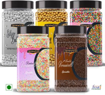 RENEWTRIA Combo Sprinkle Pack | Silver, Golden, Rainbow Balls + Vermicelli Toppings Sprinkles