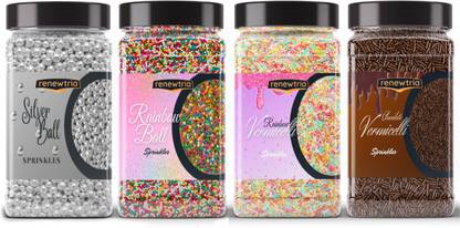 RENEWTRIA Combo of Vermicelli |Silver Balls|Rainbow Balls 200g EACH Sprinkles