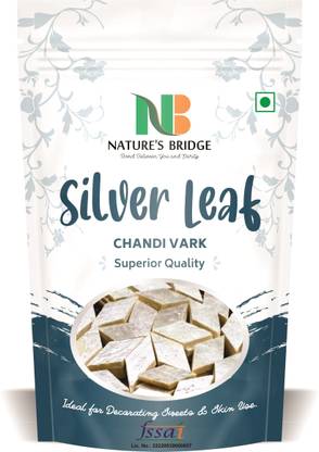 Nature's Bridge Chandi Vark / Silver Leaf - (15 Leaf) Jumbo Sized Sheet 13 cm x 10 cm / German Finest Silver Leaves for sweets / Face Pack / Chandi ka Warq Glitters