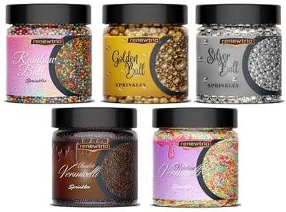 RENEWTRIA Combo of Vermicelli |Golden + Silver Balls|Rainbow Balls 8 0g EACH Sprinkles