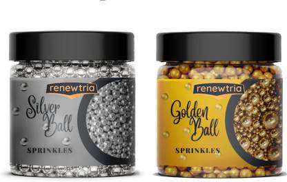 RENEWTRIA Decorative Silver & Golden Balls for Cake Decoration| 100g + 100g EACH Sprinkles