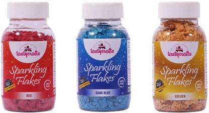 TastyCrafts Sparkling Flakes | Edible Sprinkle Decorations for Cake Décor | Creates Sequin Effect | Combo of Golden, Red & Blue - Pack of 3 Sprinkles