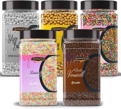 RENEWTRIA Combo of Vermicelli |Golden + Silver Balls|Rainbow Balls 8 0g EACH Sprinkles