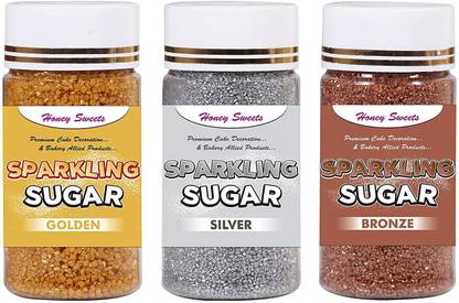 Honey Sweets Pack of 3 Sparkling Sugar for Cake Decoration- Combo of Gold , Silver and Bronze Sparkling Sugar