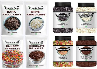 Pramix Cake Decorative Combo of Sprinkles,Dark & White Chocolate Chips - 50*4gm 100*4gm Choco Chips Solid