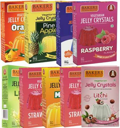 Bakers Jelly Crystals |All Flavour|Vegetarian|Instant Premix|90 Gm Each X Pack 9 Jelly Powder