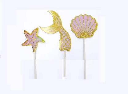 Marvino Sea Life Paper Topper Set (Shell, Starfish, Mermaid Tail shape ) Cake Topper