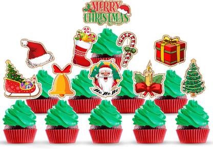 ZYOZI 10 Pieces Merry Christmas Cake Toppers Xmas Cupcake Topper for Christmas Party Cupcake Topper