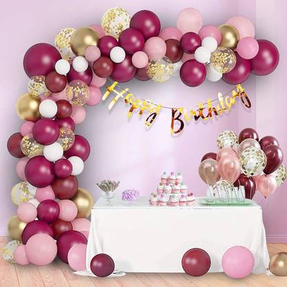 PARTY MIDLINKERZ Solid Burgundy Pink Balloons girl birthday decoration kit, Light with Confetti Balloon