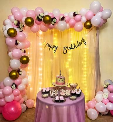 specialyou.in Special You Pink & White Theme Birthday Decoration Items For Girls, Net Curtain, Gold, White and Pink Balloons, Fairy Lights and Gold HBD Banner- Set of 74pcs