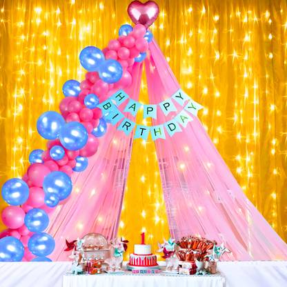 1iAM Printed Happy Birthday Decoration Items - Cursive Banner, Net, Rice Light, Glue Dots, 45 Balloon