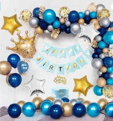PARTY BREEZE Solid Golden and blue Happy Birthday Decoration Combo Kit with Banner, Balloons,crown foil 51pcs for Birthday Decoration Boys,Girl,Husband, Wife, Girl Friend, Adult. (blue 51pcs) (Set of 51 Balloon