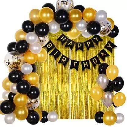 Prihit Solid Happy birthday set + 16 Gold, 16 Black Balloons + 1 Foil Balloon