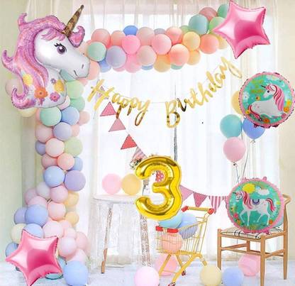 Bash N Splash Printed third Rainbow Pastel Unicorn Birthday Theme 3rd Bday Decoration Pack Balloon