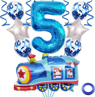 Bash N Splash Printed Helium Quality Train Transport Theme 5th Birthday Blue Foil Balloons Balloon Bouquet