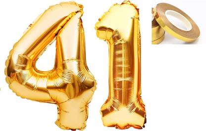 PARTY MIDLINKERZ Solid Golden '41' number Numerical Foil Balloon with Ribbon for Celebration (Gold, Pack of 3)