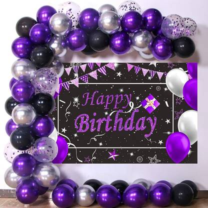 R G ACCESSORIES Solid Black Purple Silver Balloons Garland Kit Of 103 Pcs For Party Decorations Balloon