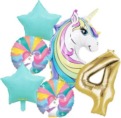 Bash N Splash Printed Rainbow Unicorn Helium Quality 4th Birthday Golden Number 4 Party Foil Ballon Balloon