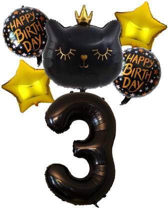 BashNSplash Printed Black Kitty Cat Crown Cute Theme Balloon Kids Happy 3rd Birthday Helium Quality Balloon Bouquet