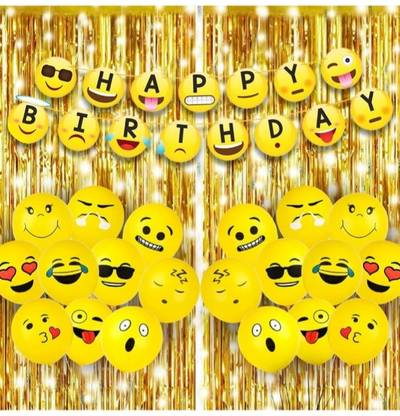 MAANAAS Happy Birthday Emoji Banner,30pcs Balloons,2pcs Golden Curtain,LED Lights