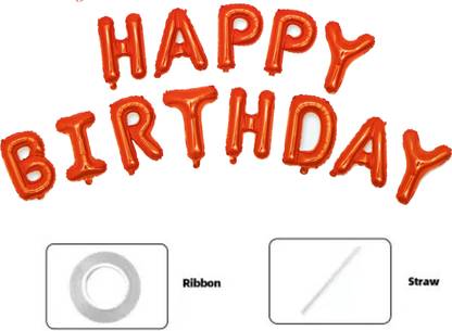 AtoZ Solid 15 Pcs Set of Red Shiny Happy Birthday Foil Letters, Ribbon and Straw Letter Balloon