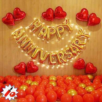 Magic Balloons Solid Pack of 57 pcs Happy Anniversary Decoration kit - "1 Set of Happy Anniversary Golden Foil Balloon + 8 pcs of Red Heart Foil Balloon + 15 pcs of Red Metallic Balloons + 15 Golden Chrome Balloons + 1 red curling ribbon + 1 Fairly light + 1 Air pump" Balloon Balloon