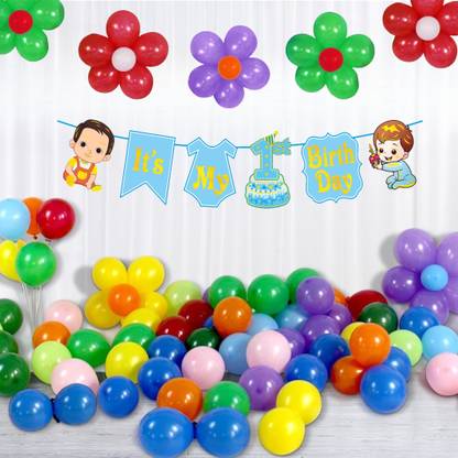 GrandShop Its First Birthday Paper Banner Multi color small size Latex Rubber Balloons