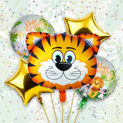 RSR CREATION Solid Happy Birthday Foil Balloon - Set of 5 Animal Foil Balloons Tiger Foil Balloon Balloon