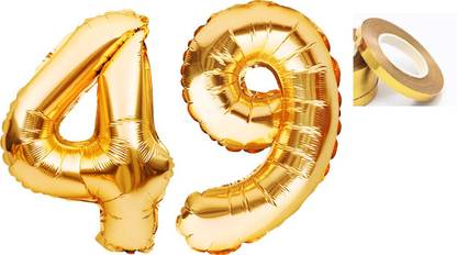 PARTY MIDLINKERZ Solid Golden '49' number Numerical Foil Balloon with Ribbon for Celebration (Gold, Pack of 3)