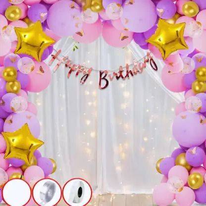 PARTY MIDLINKERZ Solid 1st Girls Birthday decoration items Kit with White Net Curtain Cloth & LED Light Balloon