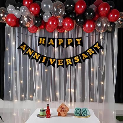 Balloon&You Solid Happy Anniversary Decoration With White Net Curtain & Led Light For Husband Wife Balloon
