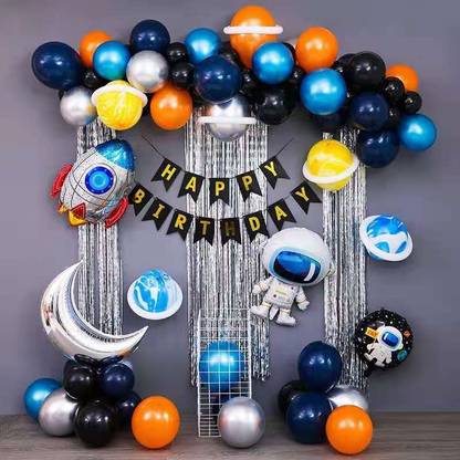 बैश N स्प्लैश सॉलिड Space Theme Happy birthday Balloon Astronaut Rocket Marble Birthday Party ballon गुब्बारा