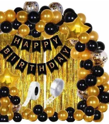 Crafty villa Printed Printed Happy Birthday Combo Birthday Banner Golden Curtain With Balloon Balloon