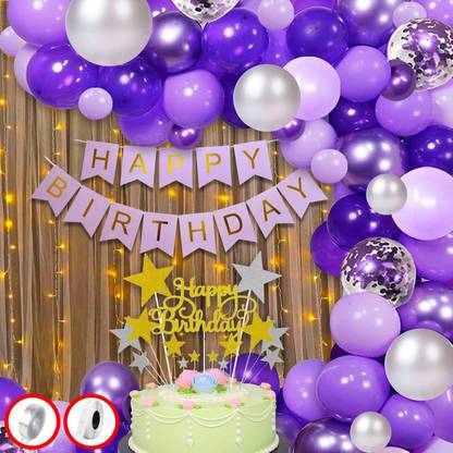Balloon and you Solid Happy Birthday Decoration kit Combo - 45 Pcs with Led Light and Net Curtain & Balloon